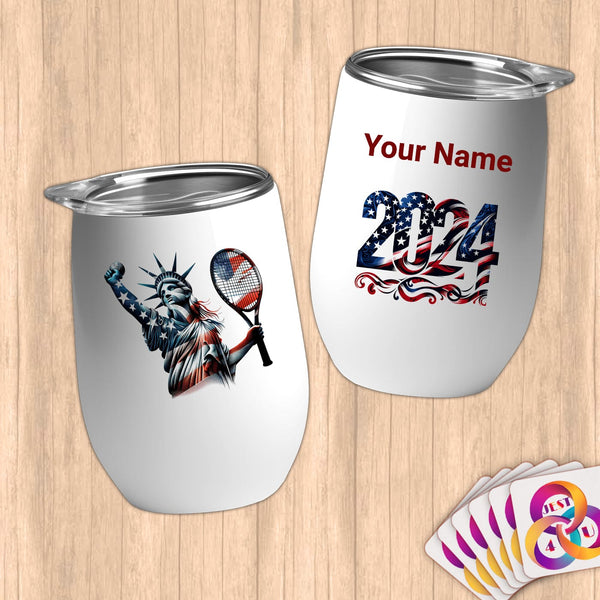 Physical Item 12 oz / White Statue Liberty Tennis~Limited Edition 2024 "USA Excellence" ~ Customizable 12oz Wine Tumbler with Lid