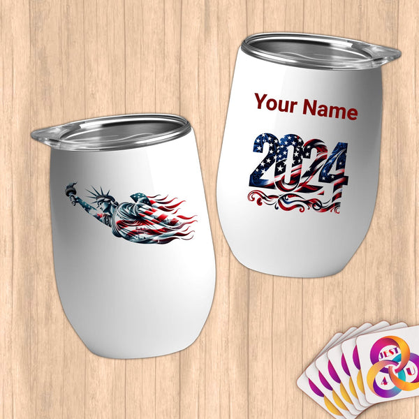 Physical Item 12 oz / White Statue of Liberty American Flag~Limited Edition 2024 "USA Excellence" ~ Customizable 12oz Wine Tumbler with Lid