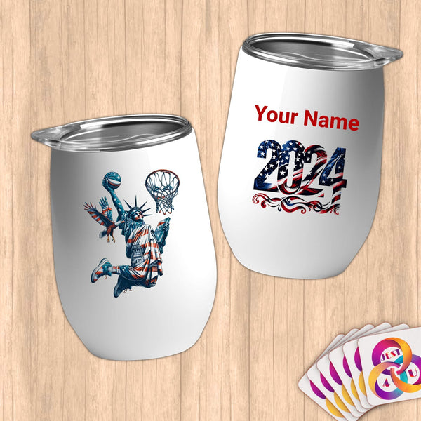 Physical Item 12 oz / White Statue of Liberty Dunks ~Limited Edition 2024 "USA Excellence" ~ Customizable 12oz Wine Tumbler with Lid