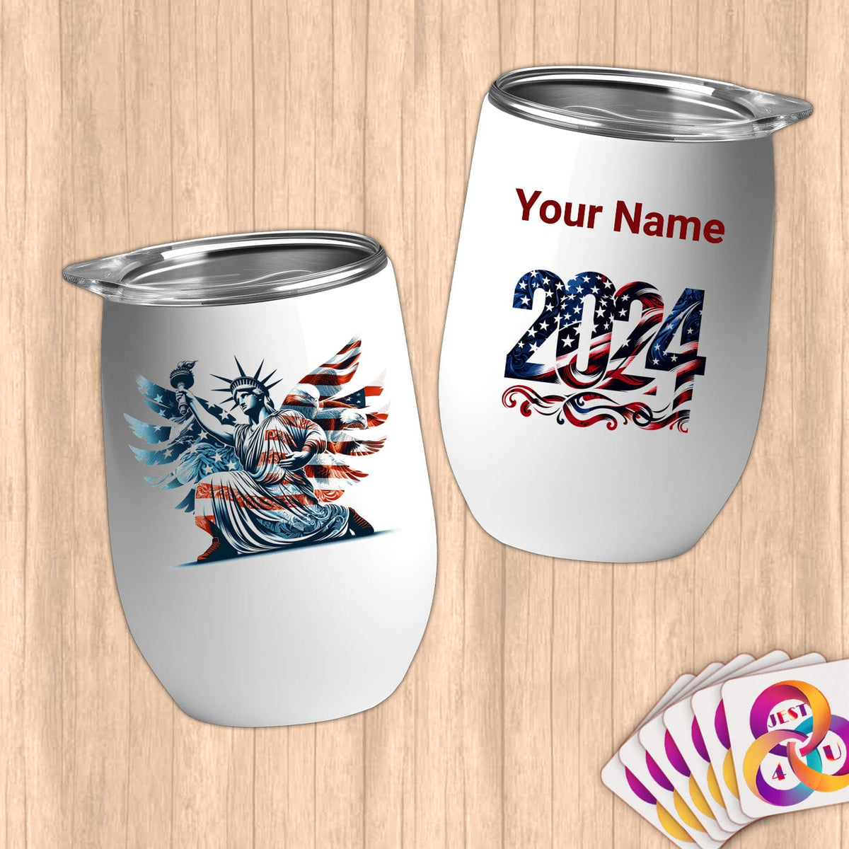Physical Item 12 oz / White Statue of Liberty Freedom Eagle~Limited Edition 2024 "USA Excellence" ~ Customizable 12oz Wine Tumbler with Lid