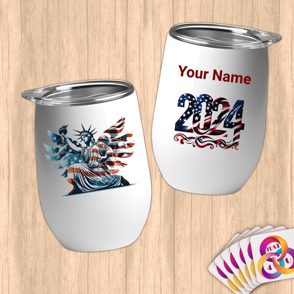Physical Item 12 oz / White Statue of Liberty Freedom Eagle~Limited Edition 2024 "USA Excellence" ~ Customizable 12oz Wine Tumbler with Lid