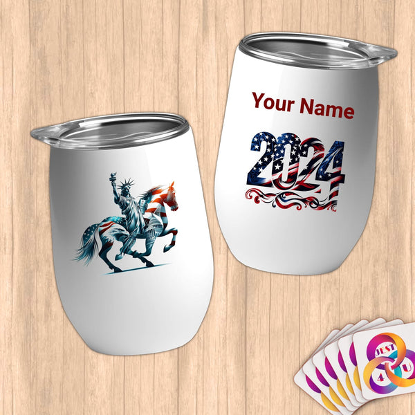 Physical Item 12 oz / White Statue of Liberty Freedom Horse~Limited Edition 2024 "USA Excellence" ~ Customizable 12oz Wine Tumbler with Lid