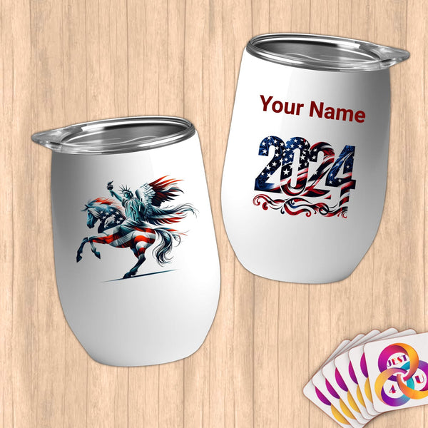 Physical Item 12 oz / White Statue of Liberty on Horse~Limited Edition 2024 "USA Excellence" ~ Customizable 12oz Wine Tumbler with Lid
