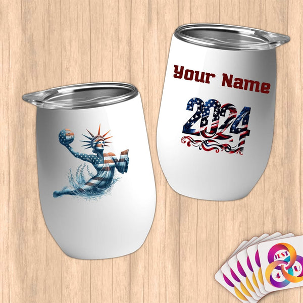 Physical Item 12 oz / White Statue of Liberty Power Handball ~ Limited Edition 2024 "USA Excellence" ~ Customizable 12oz Wine Tumbler with Lid