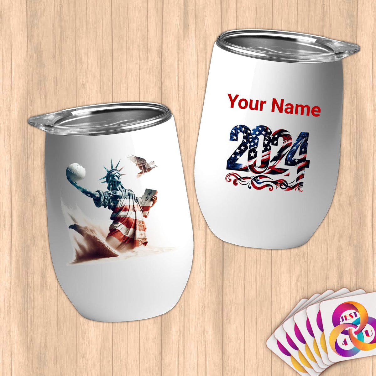 Physical Item 12 oz / White Statue of Liberty Sand Volley Eagle ~Limited Edition 2024 "USA Excellence" ~ Customizable 12oz Wine Tumbler with Lid