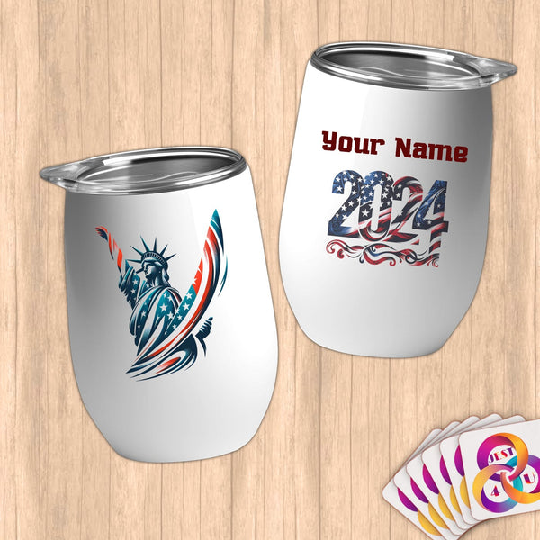 Physical Item 12 oz / White Statue of Liberty Surfer ~ Limited Edition 2024 "USA Excellence" ~ Customizable 12oz Wine Tumbler with Lid