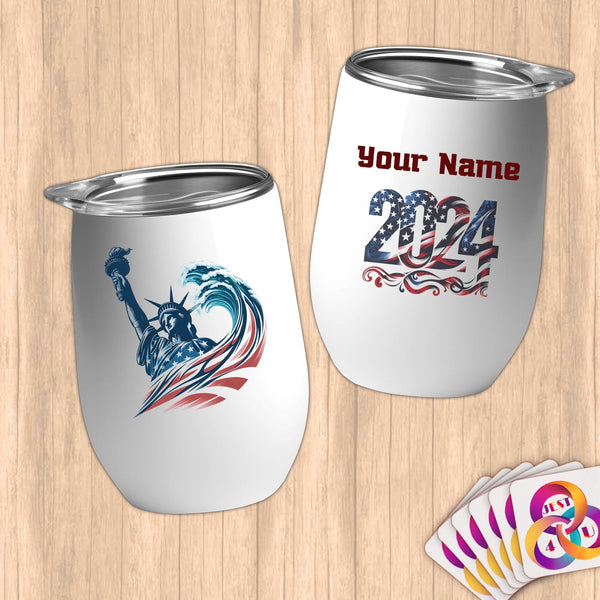 Physical Item 12 oz / White Statue of Liberty Surfer ~ Limited Edition 2024 "USA Excellence" ~ Customizable 12oz Wine Tumbler with Lid