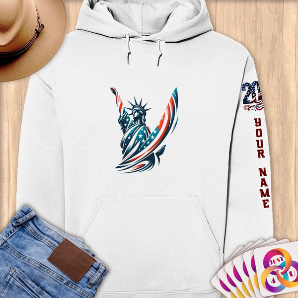 Physical Item S / White Statue of Liberty Surfer ~ Limited Edition 2024 "USA Excellence" ~ Personalized Premium Hoodie