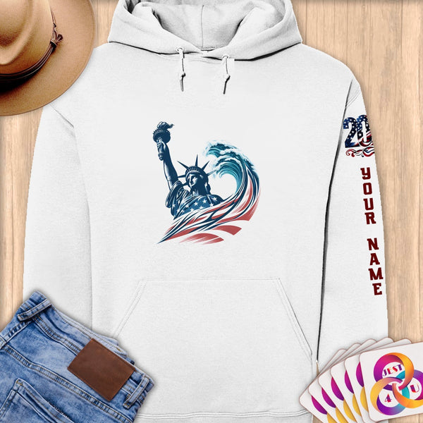 Physical Item S / White Statue of Liberty Surfer ~ Limited Edition 2024 "USA Excellence" ~ Personalized Premium Hoodie