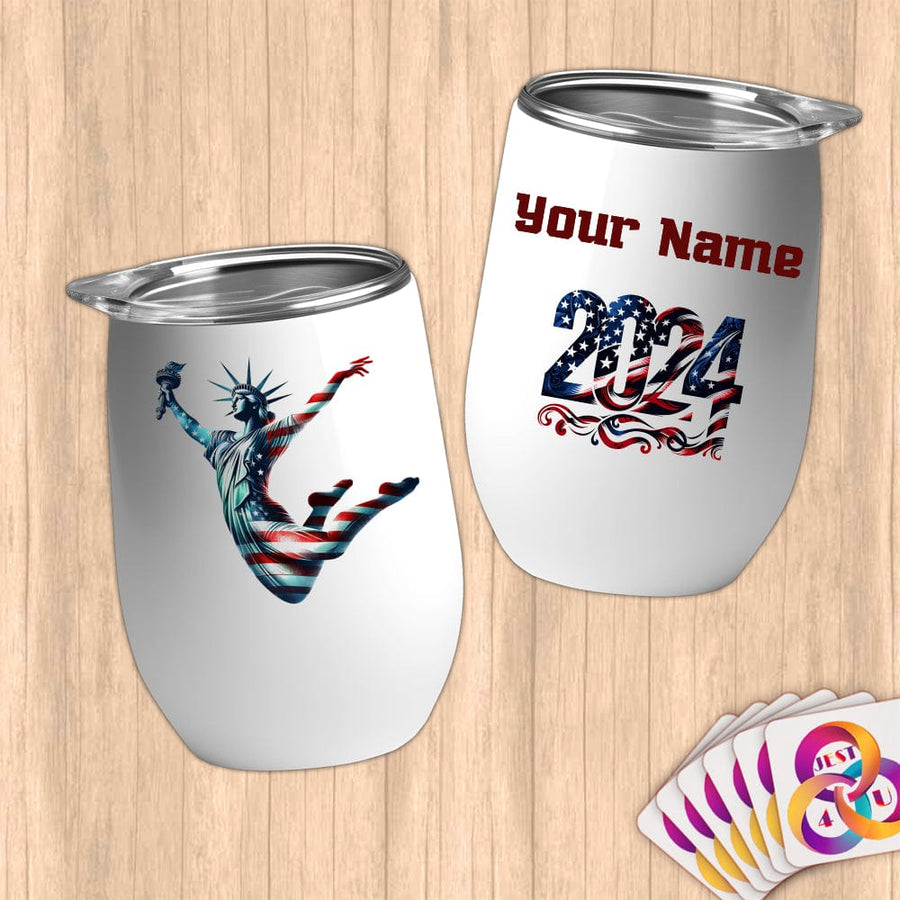 Physical Item 12 oz / White Statue of Liberty Trampoline ~ Limited Edition 2024 "USA Excellence" ~ Customizable 12oz Wine Tumbler with Lid