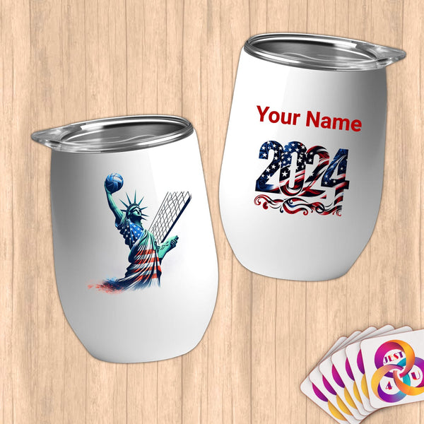Physical Item 12 oz / White Statue Volley Spikes ~Limited Edition 2024 "USA Excellence" ~ Customizable 12oz Wine Tumbler with Lid