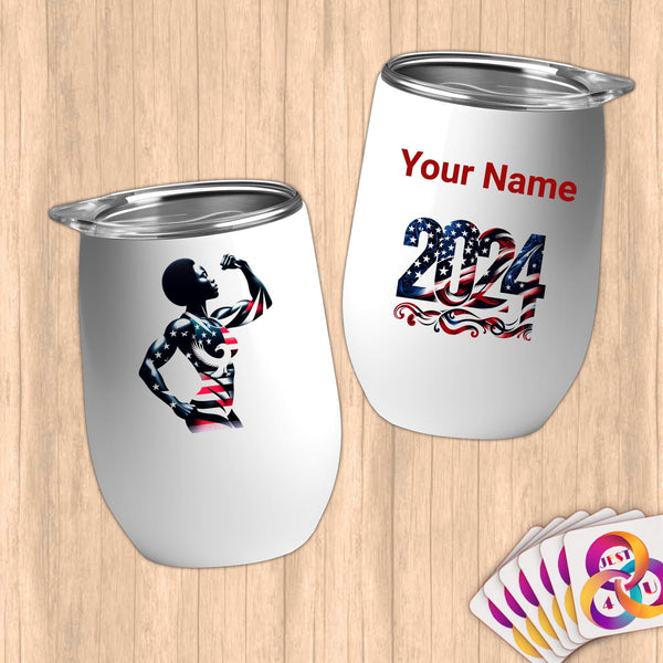 Physical Item 12 oz / White Strength and Power~Limited Edition 2024 "USA Excellence" ~ Customizable 12oz Wine Tumbler with Lid