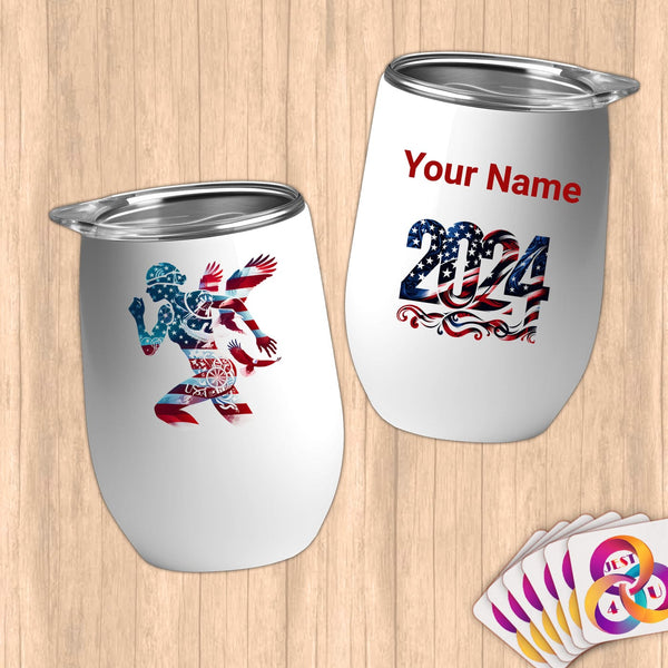 Physical Item 12 oz / White Striped Runner~Limited Edition 2024 "USA Excellence" ~ Customizable 12oz Wine Tumbler with Lid