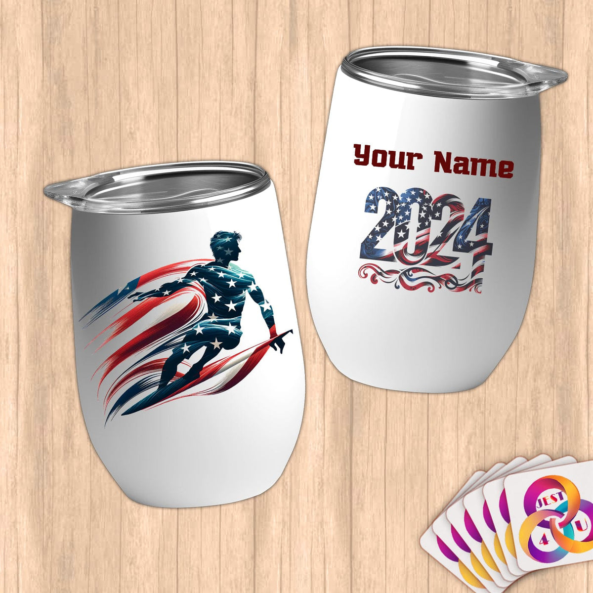 Physical Item 12 oz / White Surfing America ~ Limited Edition 2024 "USA Excellence" ~ Customizable 12oz Wine Tumbler with Lid