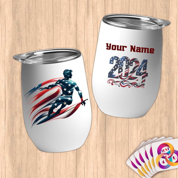 Physical Item 12 oz / White Surfing America ~ Limited Edition 2024 "USA Excellence" ~ Customizable 12oz Wine Tumbler with Lid