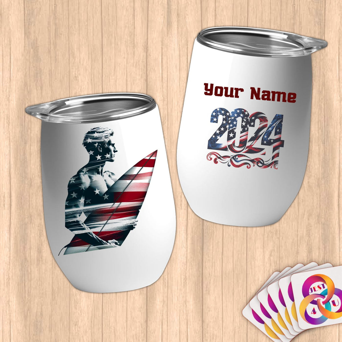 Physical Item 12 oz / White Surfing America ~ Limited Edition 2024 "USA Excellence" ~ Customizable 12oz Wine Tumbler with Lid