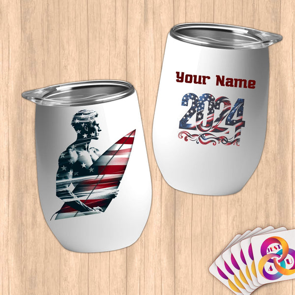 Physical Item 12 oz / White Surfing America ~ Limited Edition 2024 "USA Excellence" ~ Customizable 12oz Wine Tumbler with Lid