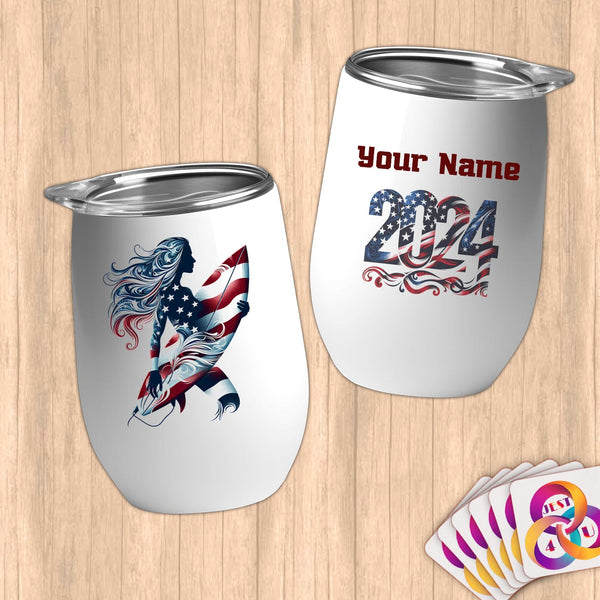 Physical Item 12 oz / White Surfing America ~ Limited Edition 2024 "USA Excellence" ~ Customizable 12oz Wine Tumbler with Lid