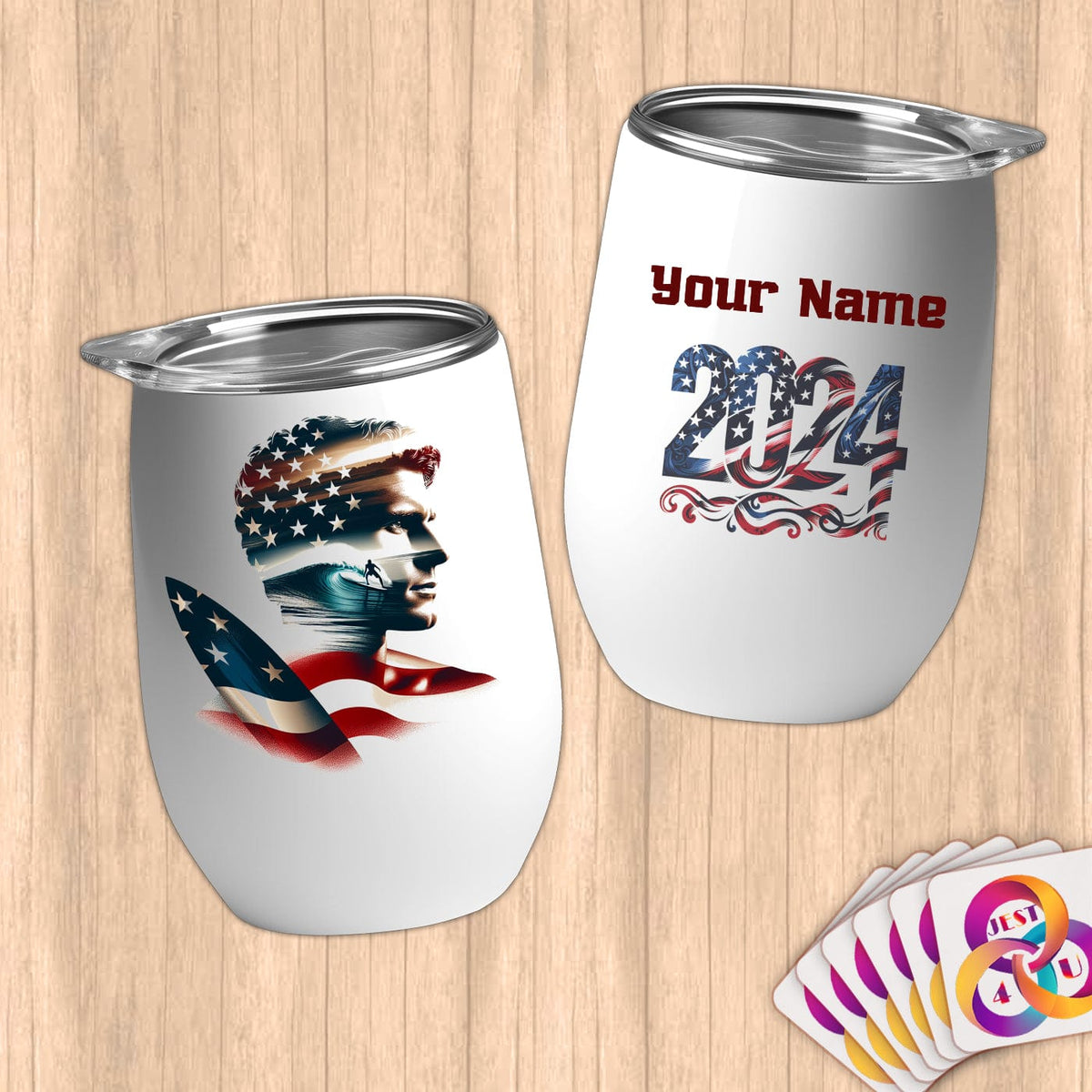 Physical Item 12 oz / White Surfing Dreams ~ Limited Edition 2024 "USA Excellence" ~ Customizable 12oz Wine Tumbler with Lid