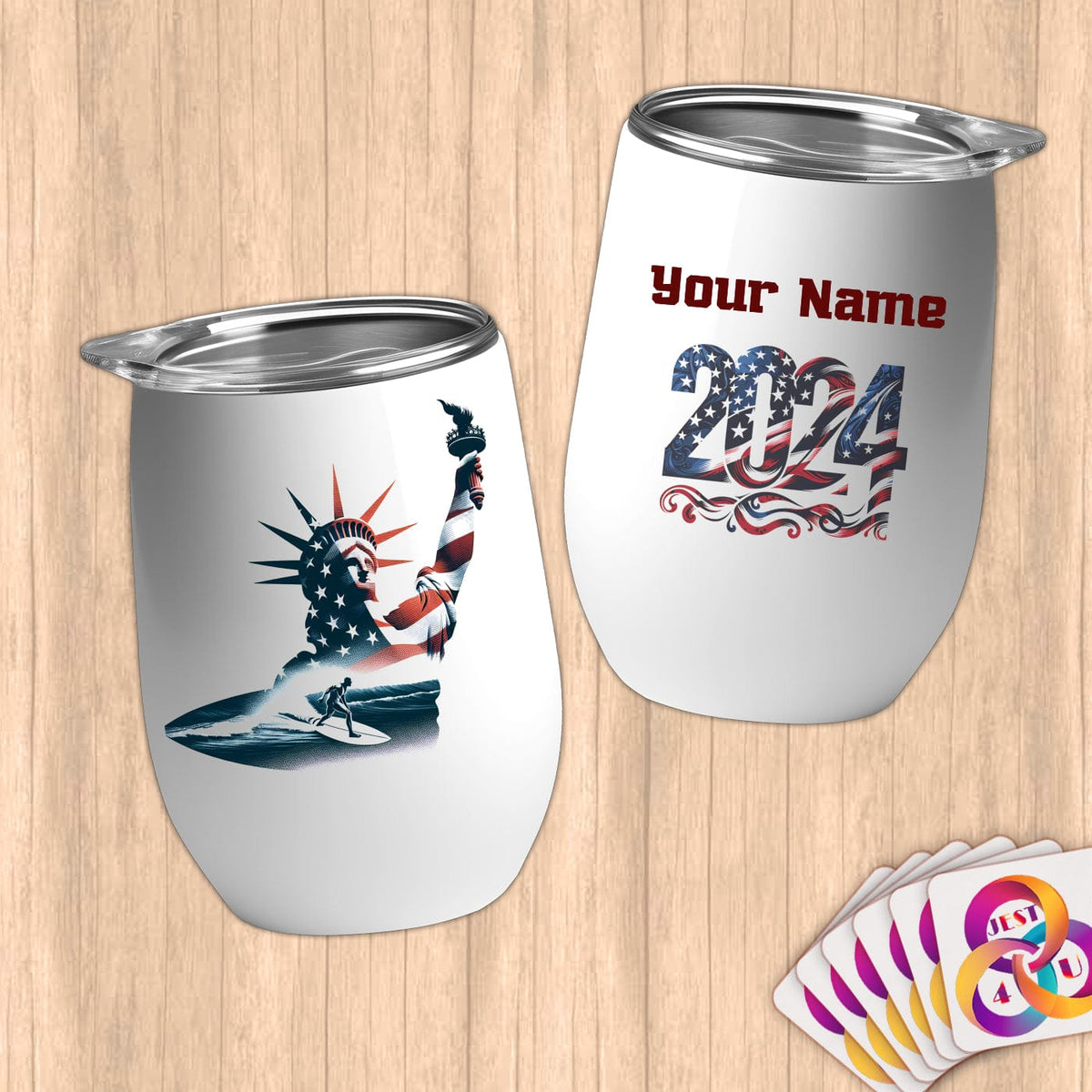 Physical Item 12 oz / White Surfing Dreams ~ Limited Edition 2024 "USA Excellence" ~ Customizable 12oz Wine Tumbler with Lid