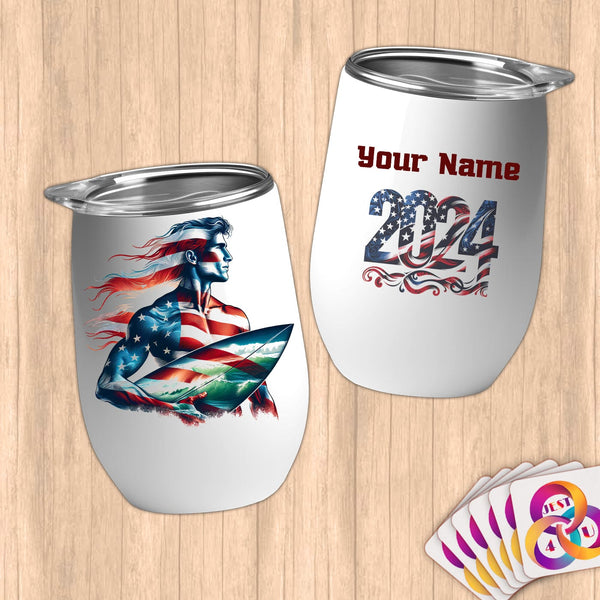 Physical Item 12 oz / White Surfing Freedom ~ Limited Edition 2024 "USA Excellence" ~ Customizable 12oz Wine Tumbler with Lid