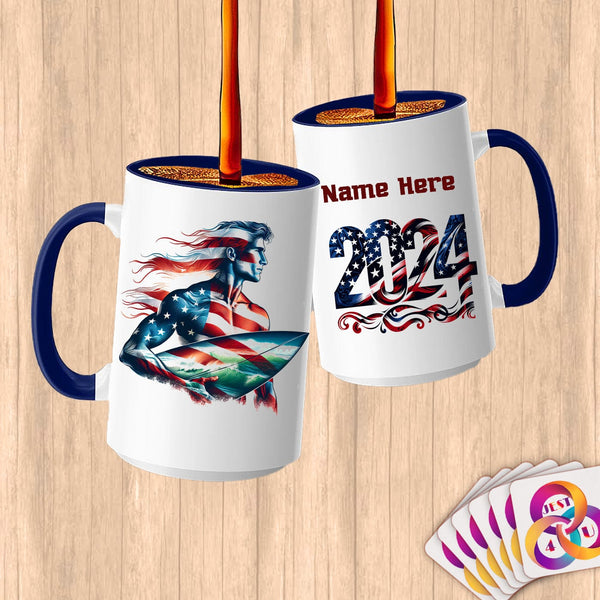 Physical Item 15oz / Blue Surfing Freedom ~ Limited Edition 2024 "USA Excellence" ~ Customized Large 15oz Mug