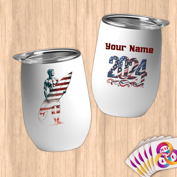 Physical Item 12 oz / White Surfing Hero ~ Limited Edition 2024 "USA Excellence" ~ Customizable 12oz Wine Tumbler with Lid