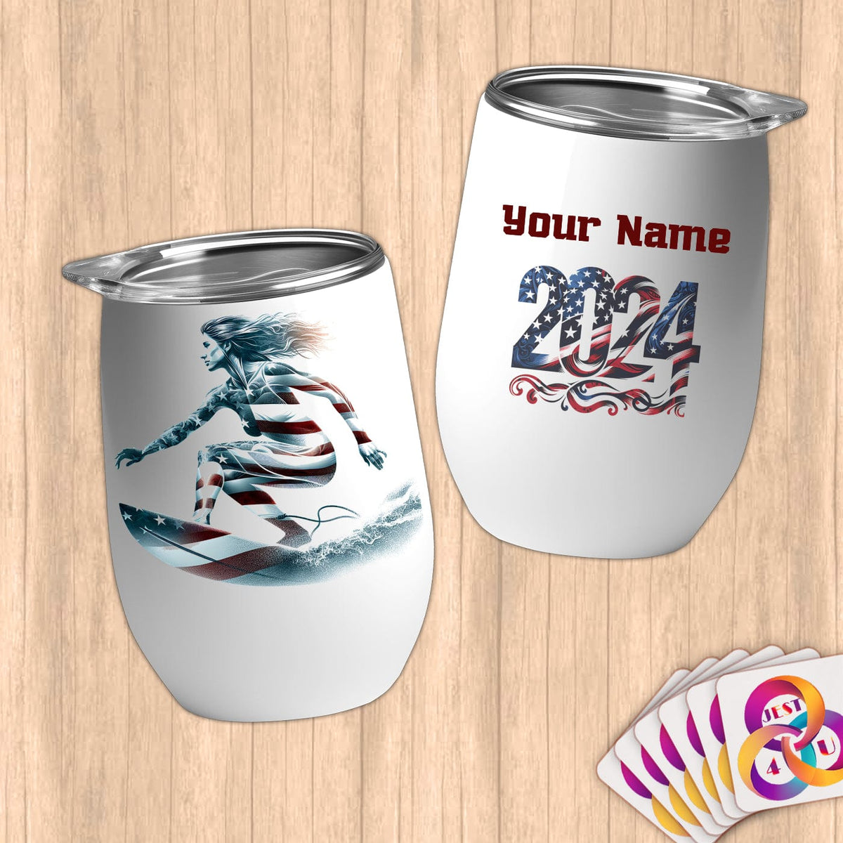Physical Item 12 oz / White Surfing Hero ~ Limited Edition 2024 "USA Excellence" ~ Customizable 12oz Wine Tumbler with Lid