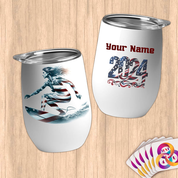 Physical Item 12 oz / White Surfing Hero ~ Limited Edition 2024 "USA Excellence" ~ Customizable 12oz Wine Tumbler with Lid