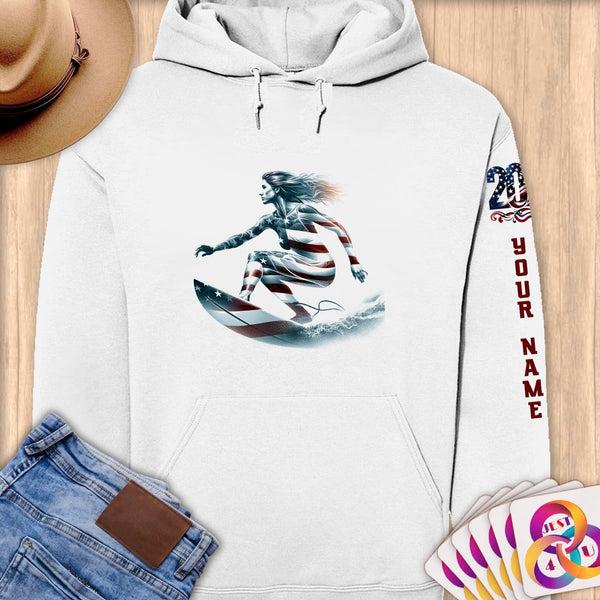 Physical Item S / White Surfing Hero ~ Limited Edition 2024 "USA Excellence" ~ Personalized Premium Hoodie