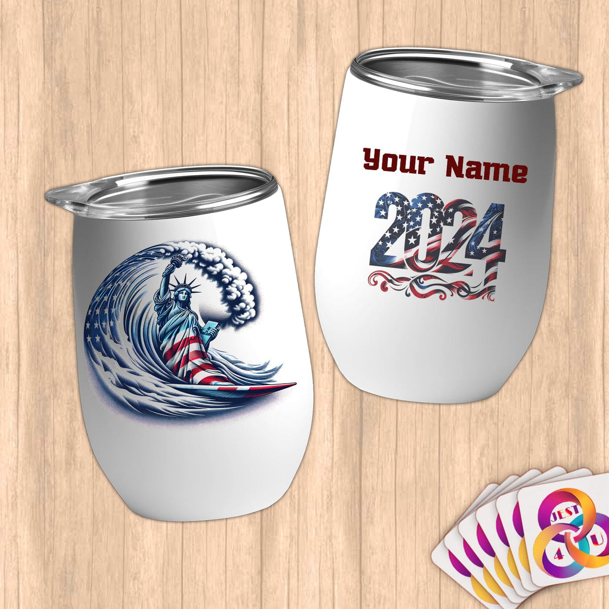 Physical Item 12 oz / White Surfing Liberty ~ Limited Edition 2024 "USA Excellence" ~ Customizable 12oz Wine Tumbler with Lid