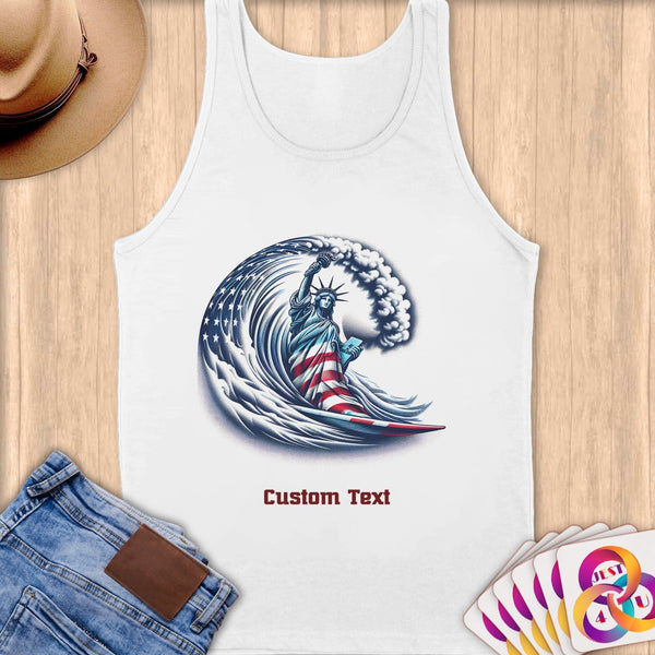Physical Item S / White Surfing Liberty ~ Limited Edition 2024 "USA Excellence" ~ Customizable Supersoft Tank Top