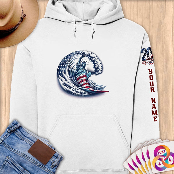 Physical Item S / White Surfing Liberty ~ Limited Edition 2024 "USA Excellence" ~ Personalized Premium Hoodie
