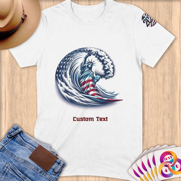 Physical Item S / White Surfing Liberty ~ Limited Edition 2024 "USA Excellence" ~ Personalized Softstyle T-Shirt