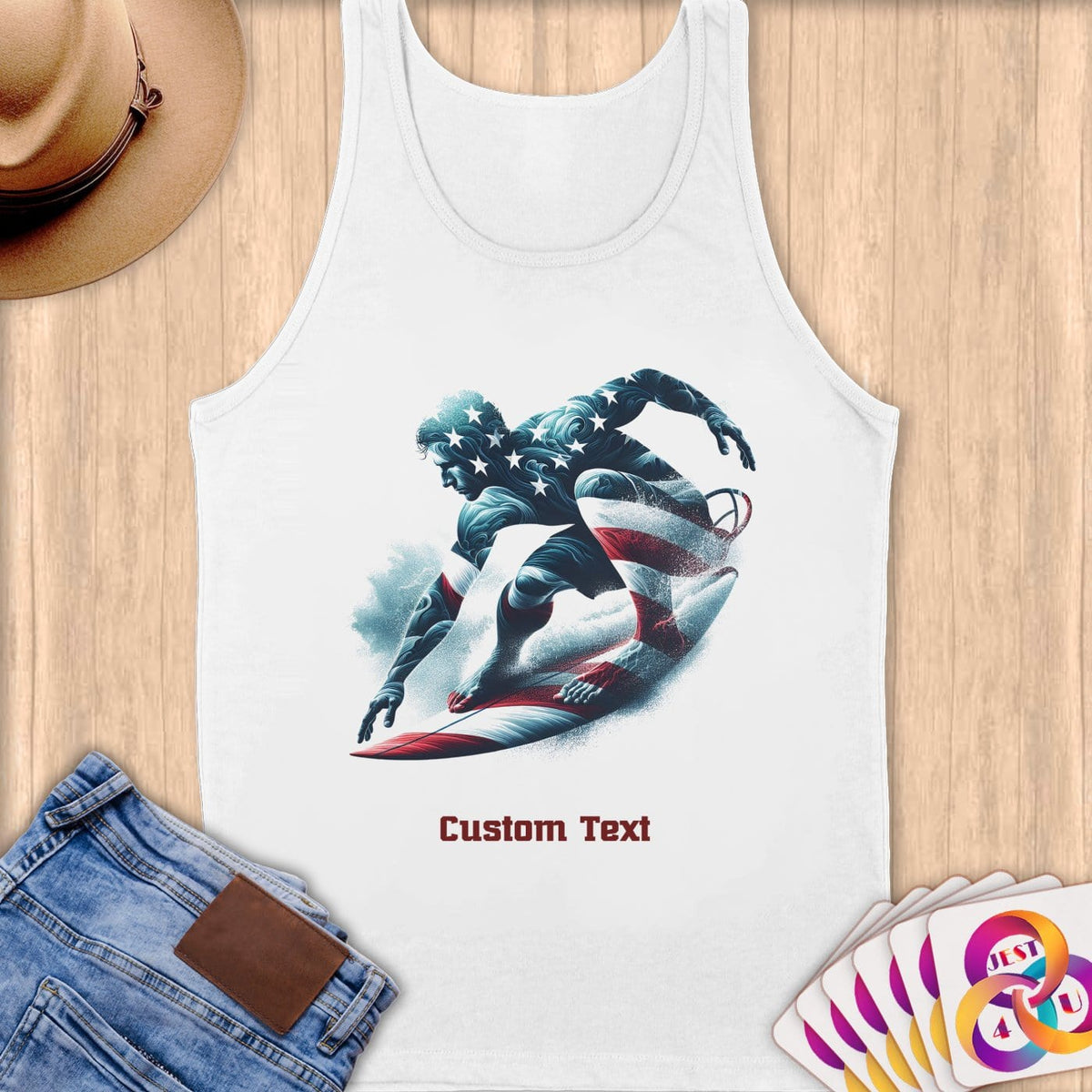 Physical Item S / White Surfing Patriot ~ Limited Edition 2024 "USA Excellence" ~ Customizable Supersoft Tank Top