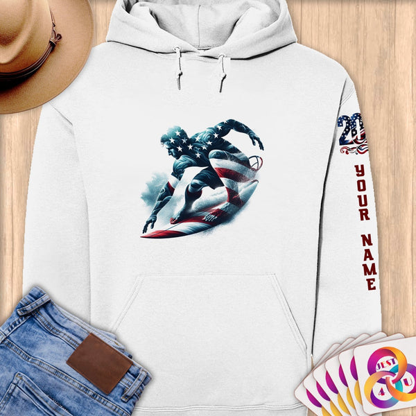Physical Item S / White Surfing Patriot ~ Limited Edition 2024 "USA Excellence" ~ Personalized Premium Hoodie
