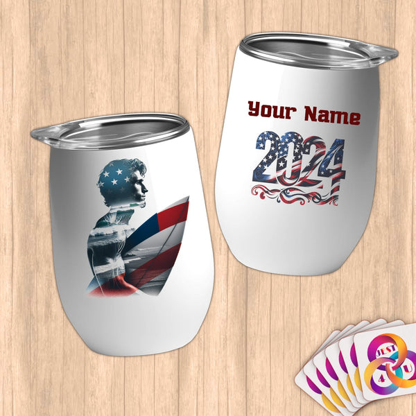 Physical Item 12 oz / White Surfing Portrait ~ Limited Edition 2024 "USA Excellence" ~ Customizable 12oz Wine Tumbler with Lid