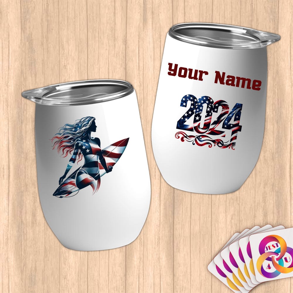 Physical Item 12 oz / White Surfing Pride ~ Limited Edition 2024 "USA Excellence" ~ Customizable 12oz Wine Tumbler with Lid