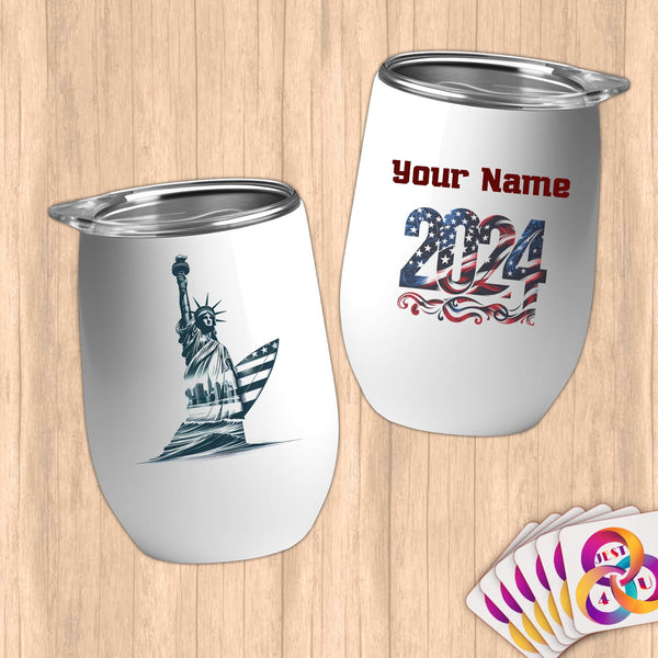 Physical Item 12 oz / White Surfing Skies ~ Limited Edition 2024 "USA Excellence" ~ Customizable 12oz Wine Tumbler with Lid
