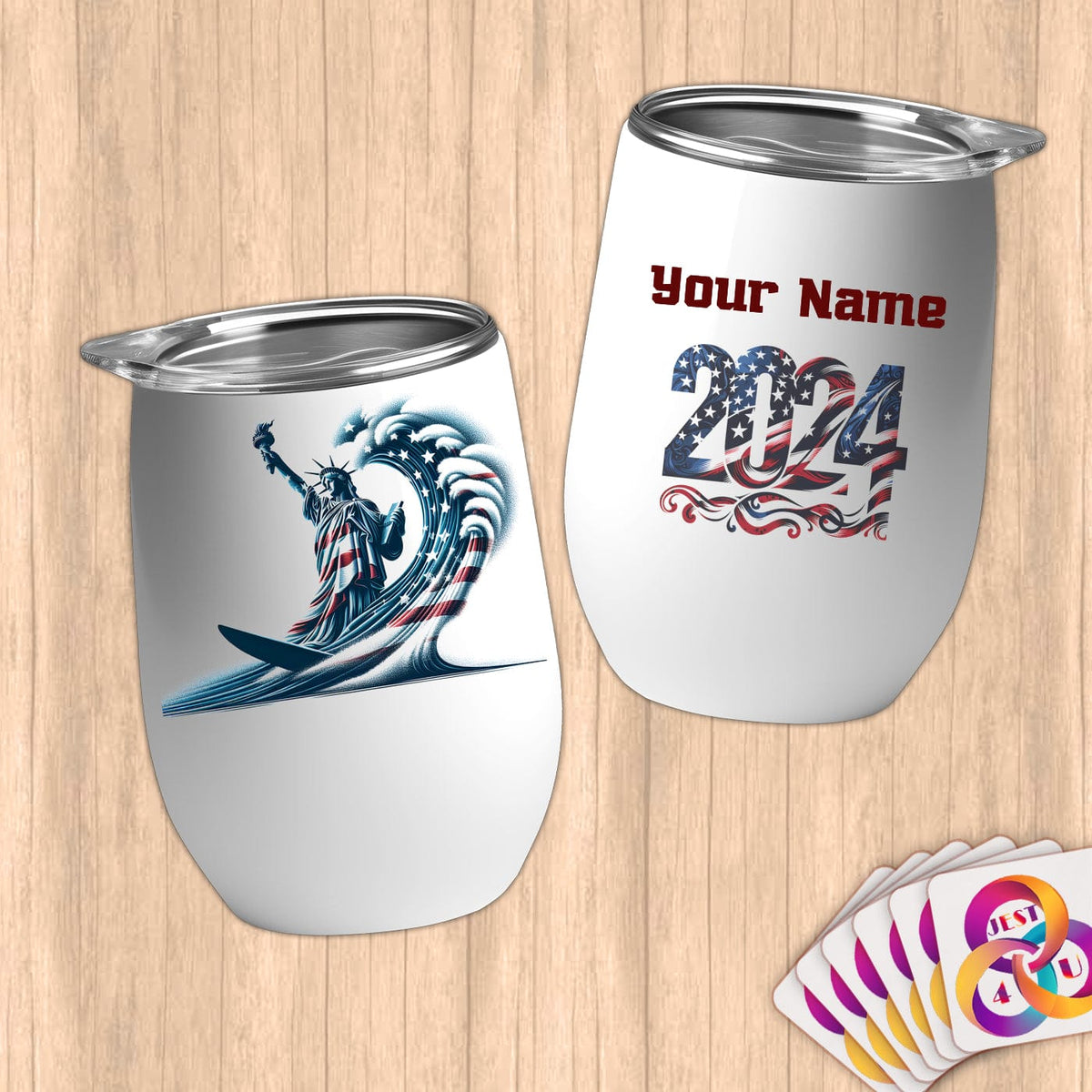 Physical Item 12 oz / White Surfing Statue of Liberty ~ Limited Edition 2024 "USA Excellence" ~ Customizable 12oz Wine Tumbler with Lid