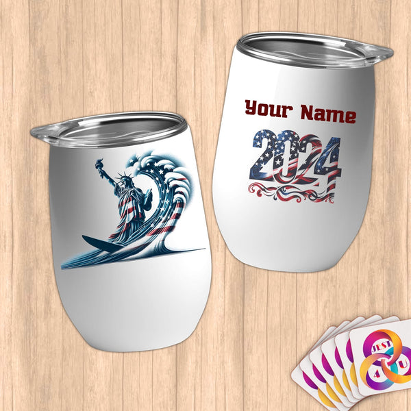 Physical Item 12 oz / White Surfing Statue of Liberty ~ Limited Edition 2024 "USA Excellence" ~ Customizable 12oz Wine Tumbler with Lid