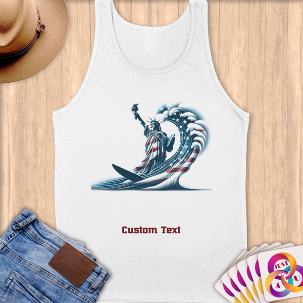 Physical Item S / White Surfing Statue of Liberty ~ Limited Edition 2024 "USA Excellence" ~ Customizable Supersoft Tank Top