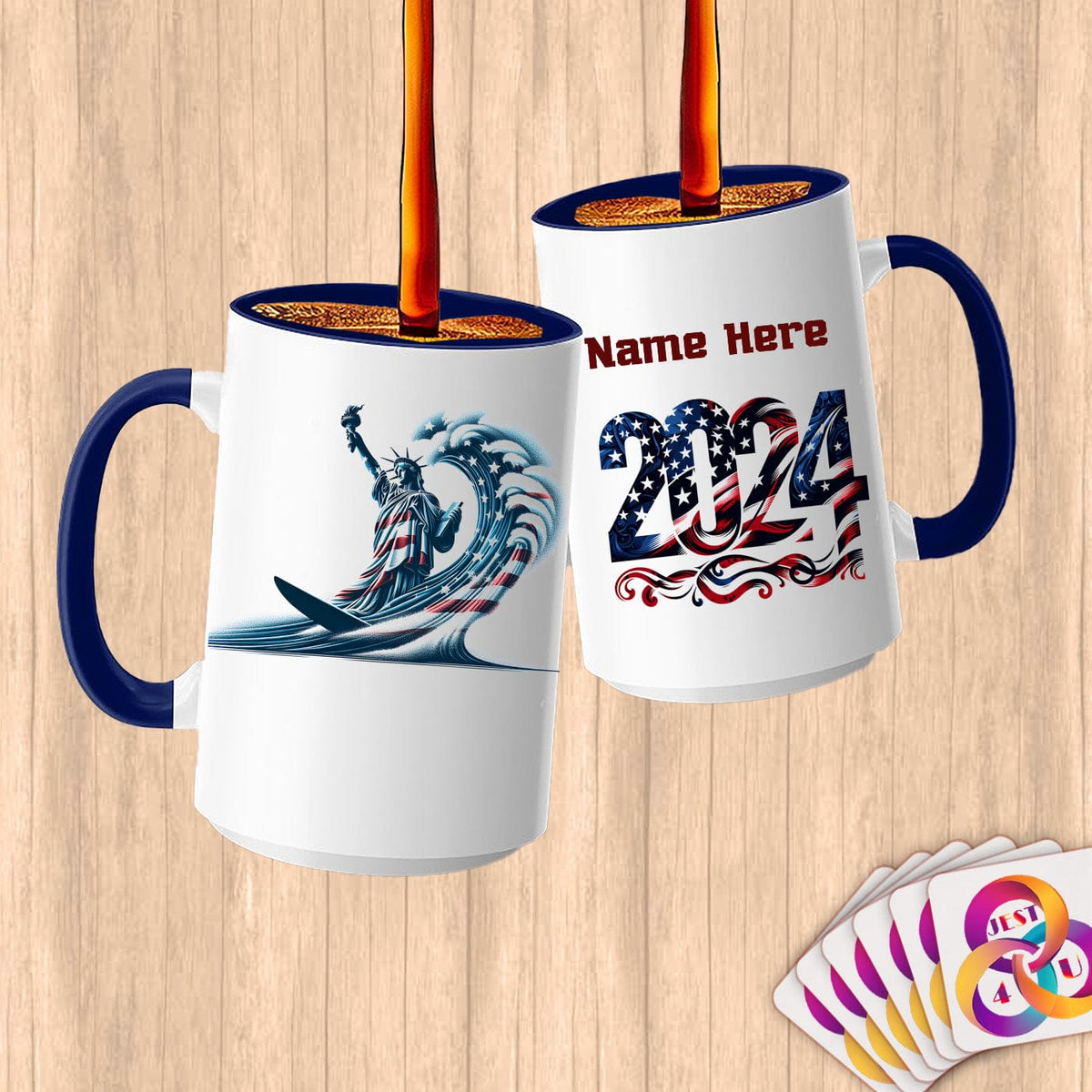 Physical Item 15oz / Blue Surfing Statue of Liberty ~ Limited Edition 2024 "USA Excellence" ~ Customized Large 15oz Mug