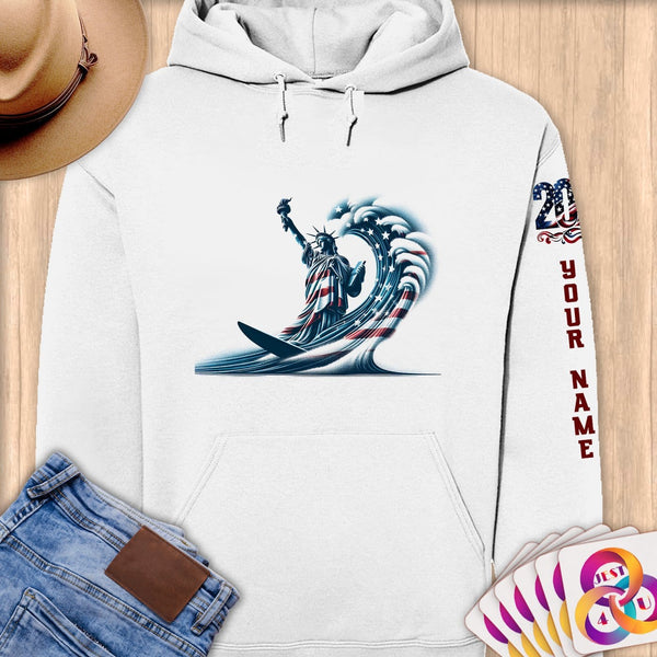Physical Item S / White Surfing Statue of Liberty ~ Limited Edition 2024 "USA Excellence" ~ Personalized Premium Hoodie