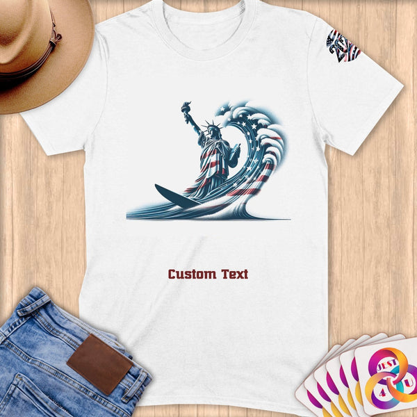 Physical Item S / White Surfing Statue of Liberty ~ Limited Edition 2024 "USA Excellence" ~ Personalized Softstyle T-Shirt