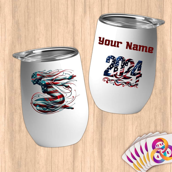 Physical Item 12 oz / White Swim Spirit ~ Limited Edition 2024 "USA Excellence" ~ Customizable 12oz Wine Tumbler with Lid