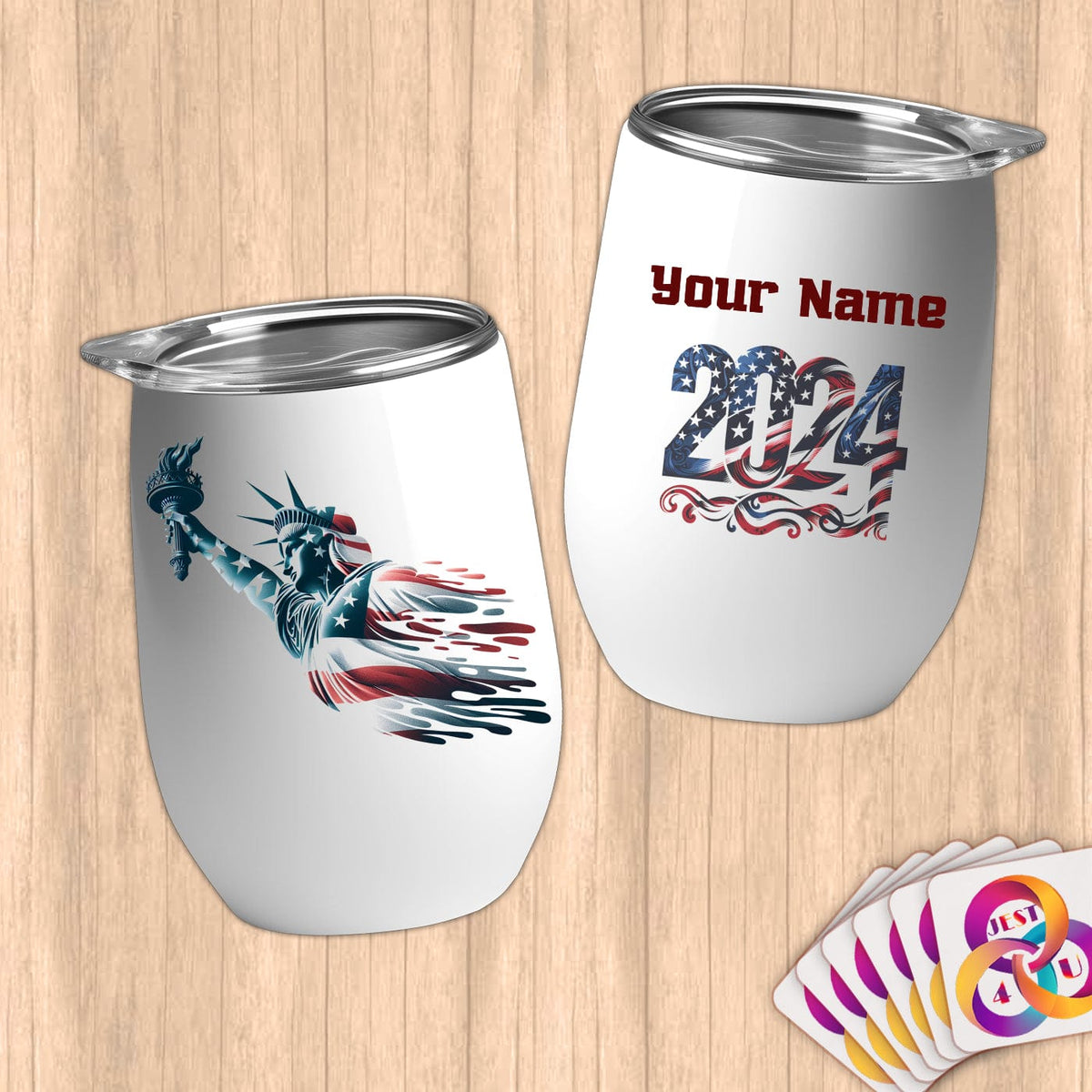 Physical Item 12 oz / White Swimming Liberty ~ Limited Edition 2024 "USA Excellence" ~ Customizable 12oz Wine Tumbler with Lid