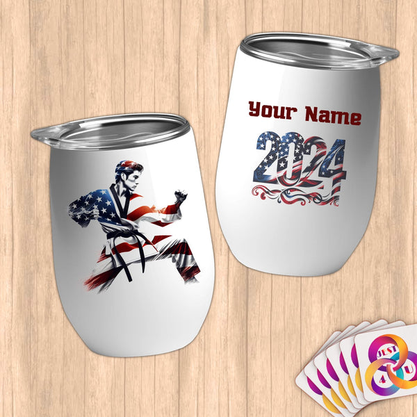 Physical Item 12 oz / White Taekwondo Flag ~ Limited Edition 2024 "USA Excellence" ~ Customizable 12oz Wine Tumbler with Lid