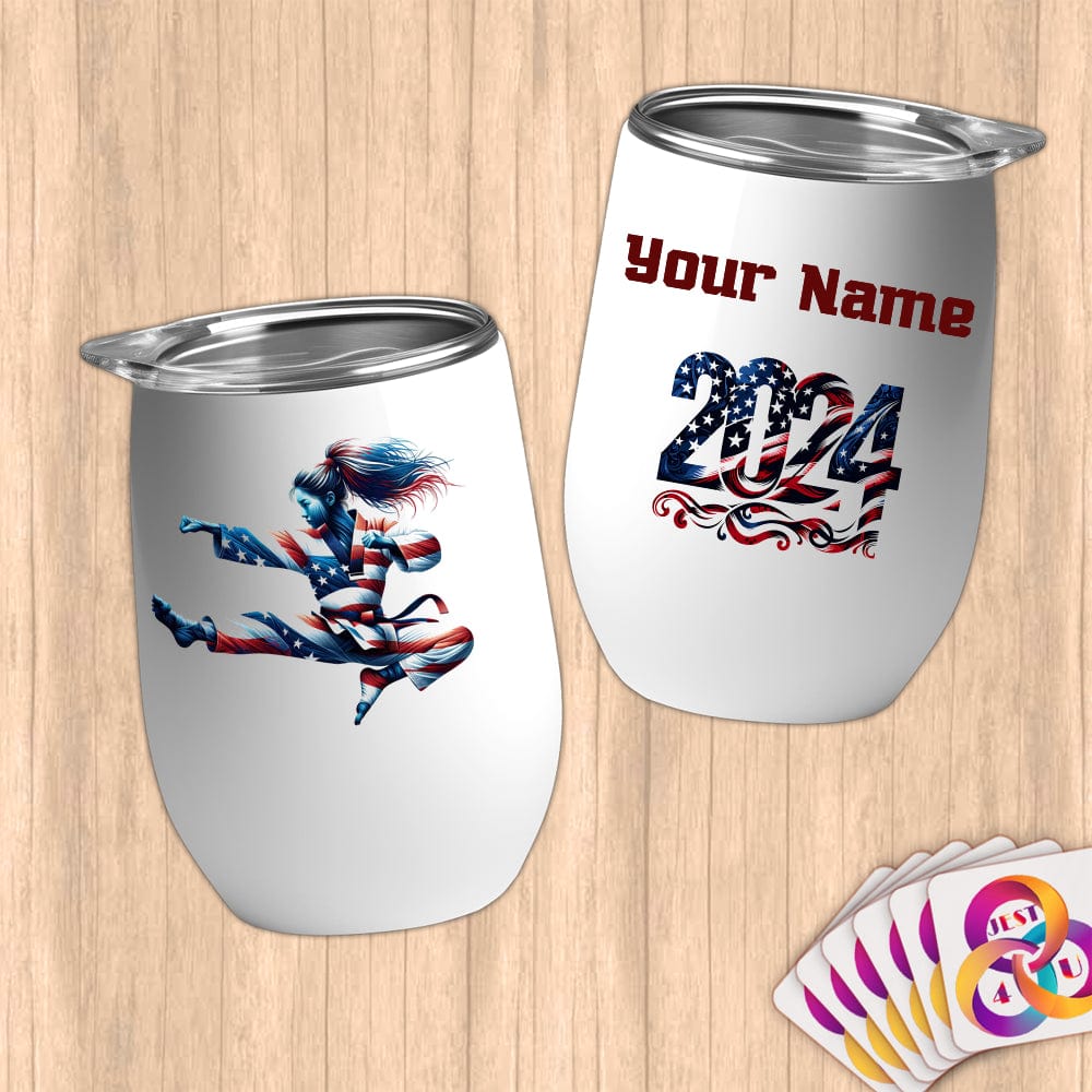 Physical Item 12 oz / White Taekwondo Leap ~ Limited Edition 2024 "USA Excellence" ~ Customizable 12oz Wine Tumbler with Lid