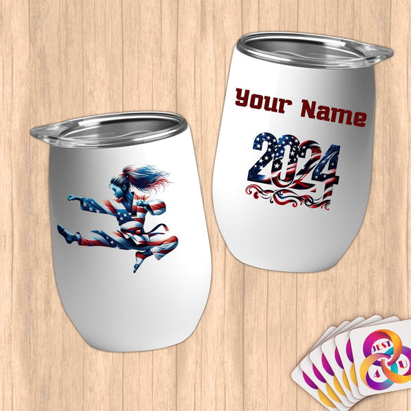 Physical Item 12 oz / White Taekwondo Leap ~ Limited Edition 2024 "USA Excellence" ~ Customizable 12oz Wine Tumbler with Lid
